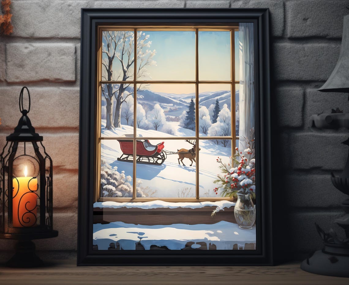 Reindeer Sleigh Ride In Snow Through Window Winter Art Poster