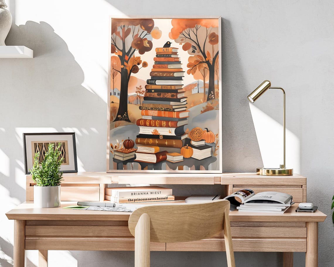 Tall Book Tower Black Bird Autumn Trees Pumpkin Fall Art Poster - Image 4