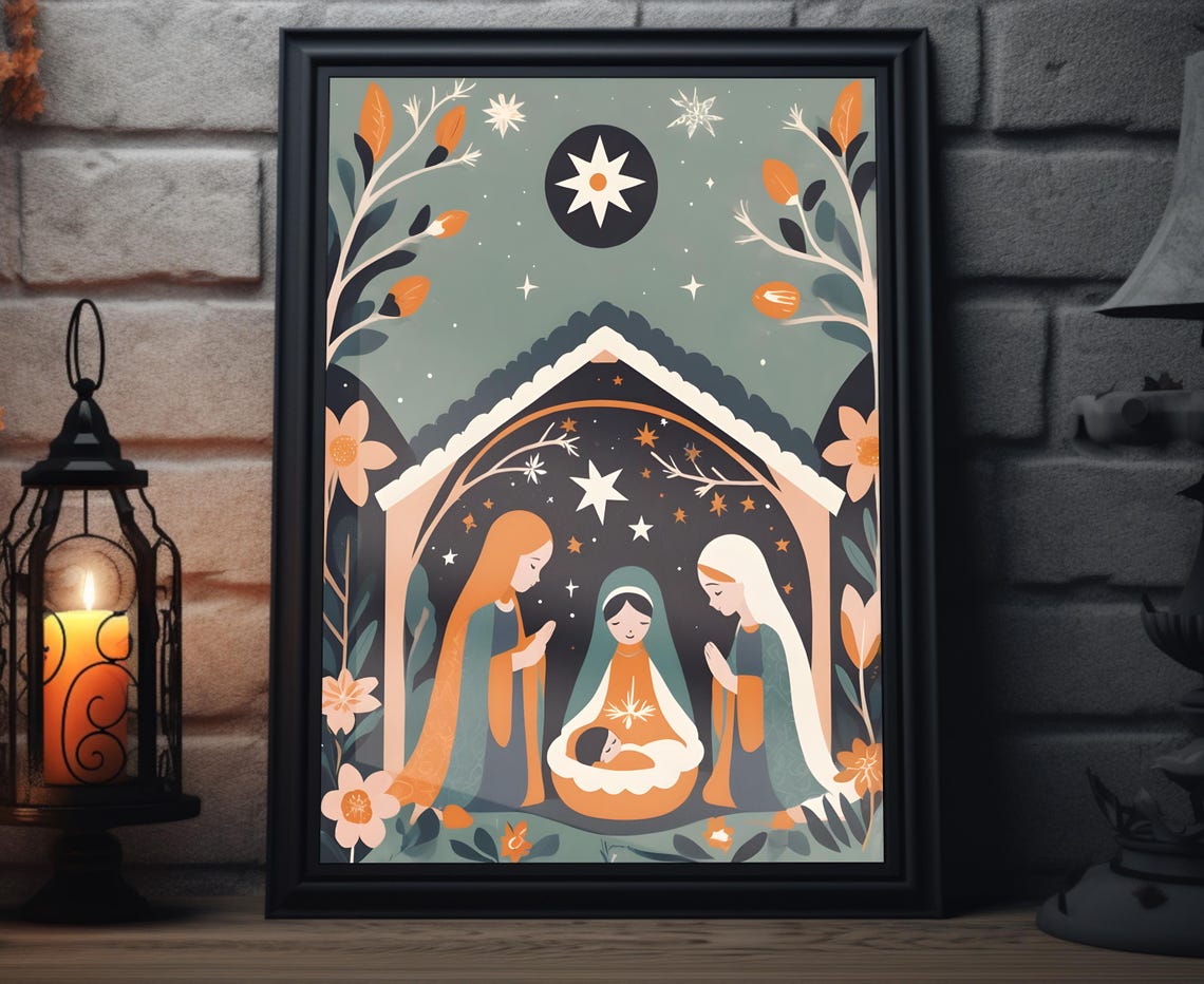 Boho Christmas Nativity Scene Baby Jesus Starry Night Floral Poster