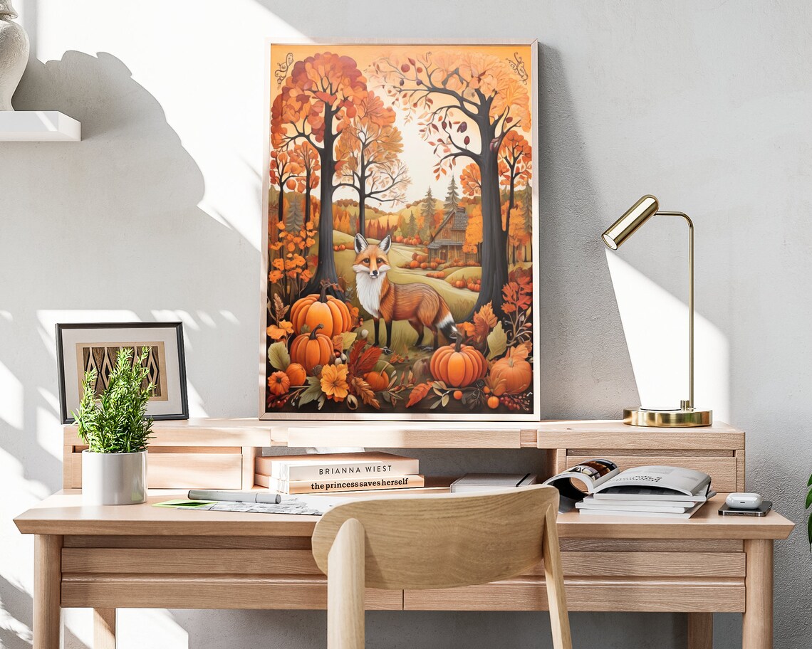 Fall Forest Fox Folk Art Poster Print, Autumn Decor - Image 4