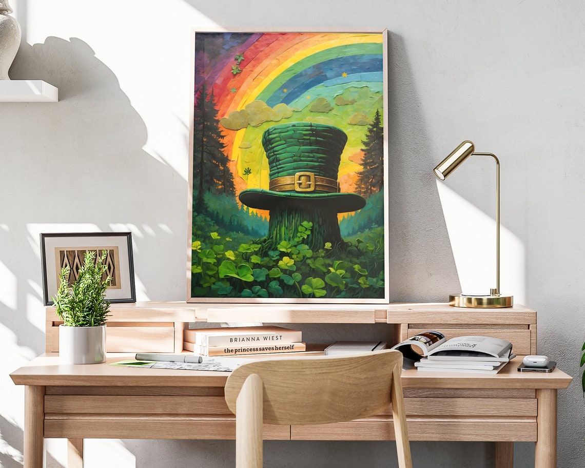St Patricks Day Giant Leprechaun Hat Shamrock Field Rainbow Sky Print - Image 4