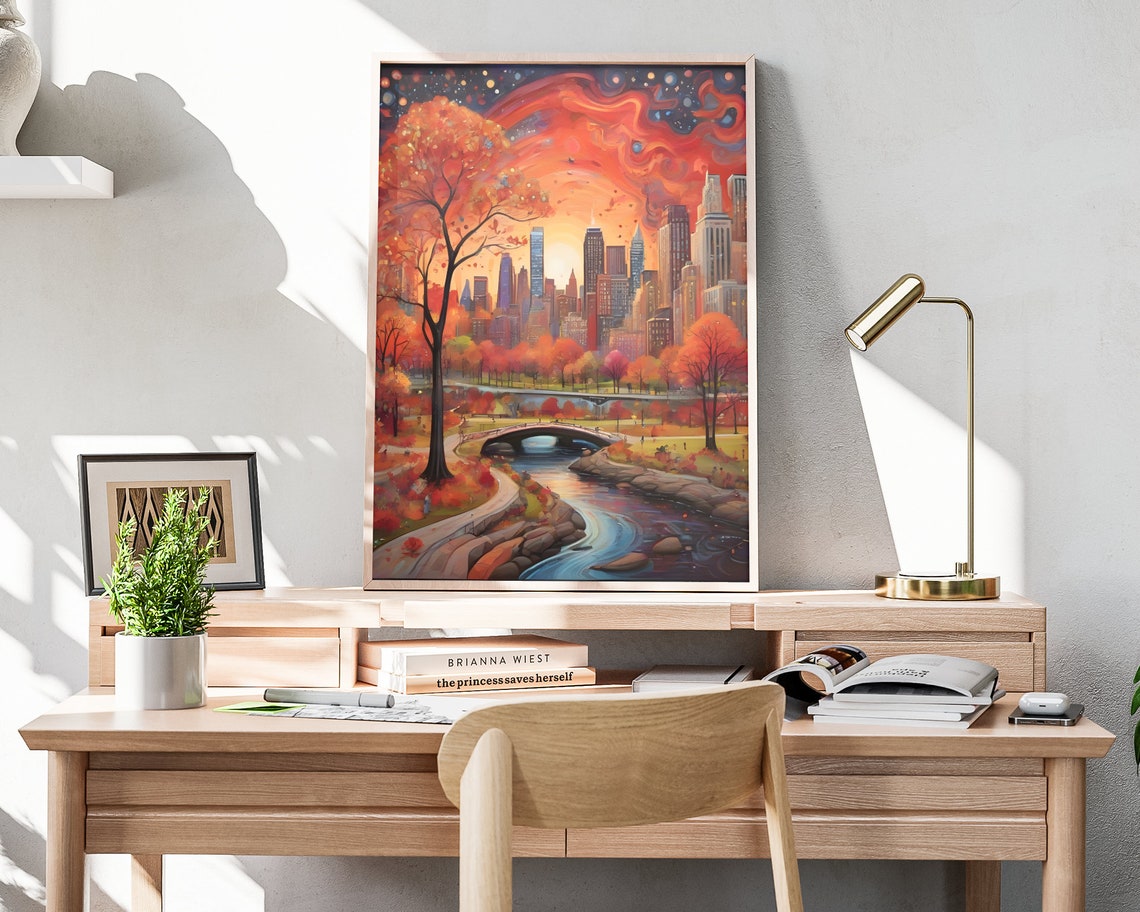 New York Central Park Autumn Stream Sunset Red Sky Skyline Art Poster - Image 3