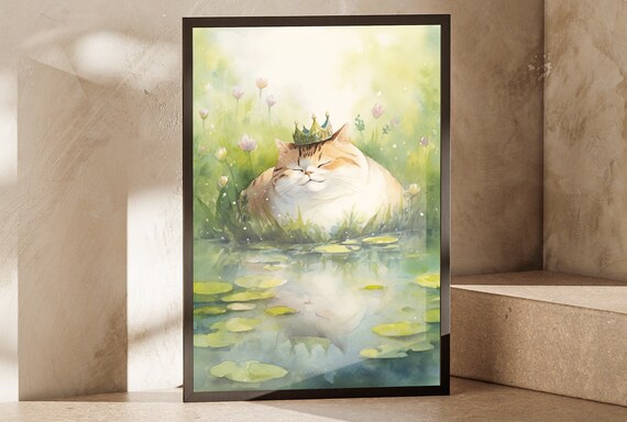 Chubby Crowned Cat Pond Lily Pads Watercolor Flower Meadow Cute Poster
