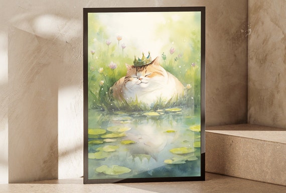 Claude Monet Inspired Watercolor Poster Fat Cat In Crown Amidst Flower Fields Nature Gift For Animal Lovers