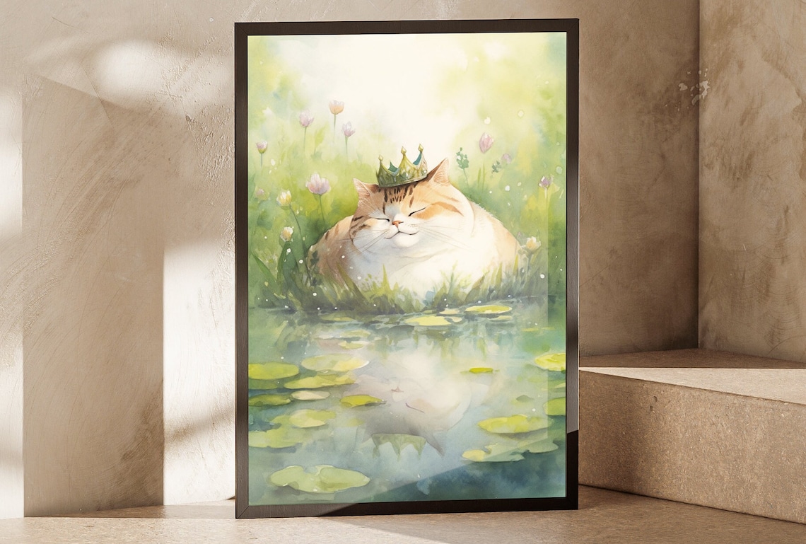 Chubby Crowned Cat Pond Lily Pads Watercolor Flower Meadow Cute Poster
