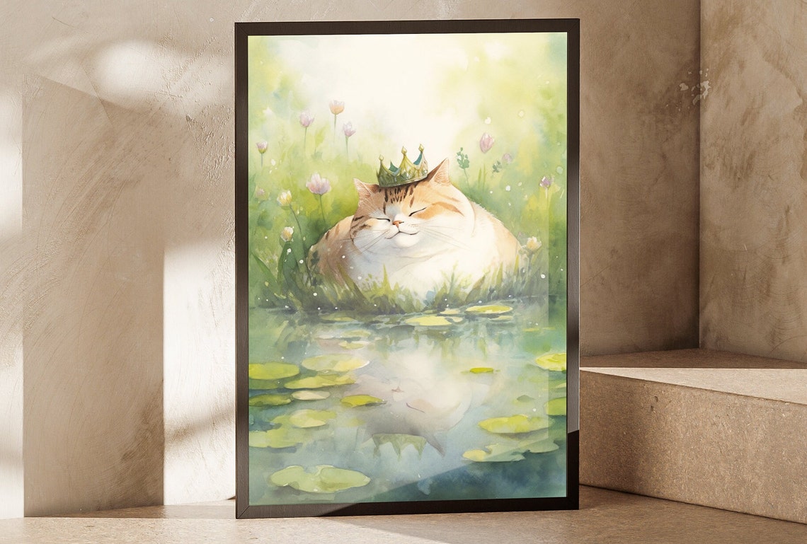 Claude Monet Inspired Watercolor Poster Fat Cat In Crown Amidst Flower Fields Nature Gift For Animal Lovers
