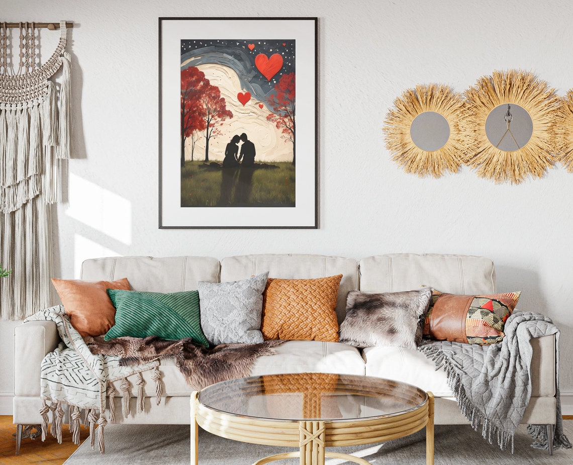 Valentines Couple Silhouette Giant Moon Red Trees Romantic Art Poster - Image 2