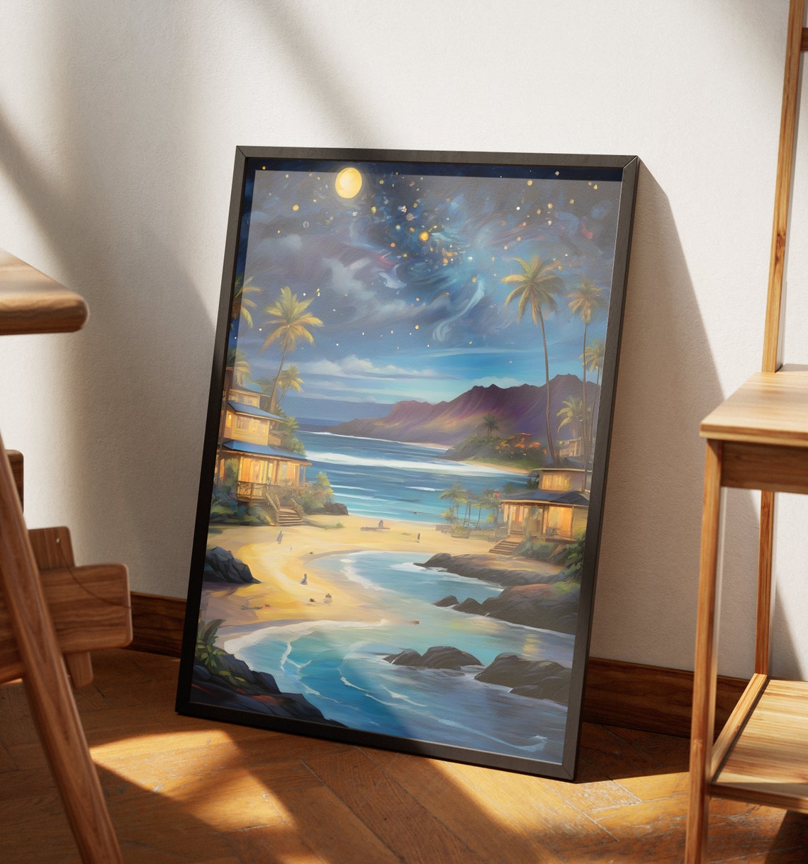 Hawaii Beach Starry Night Palm Trees Moonlit Bay Tropical View Poster - Image 4