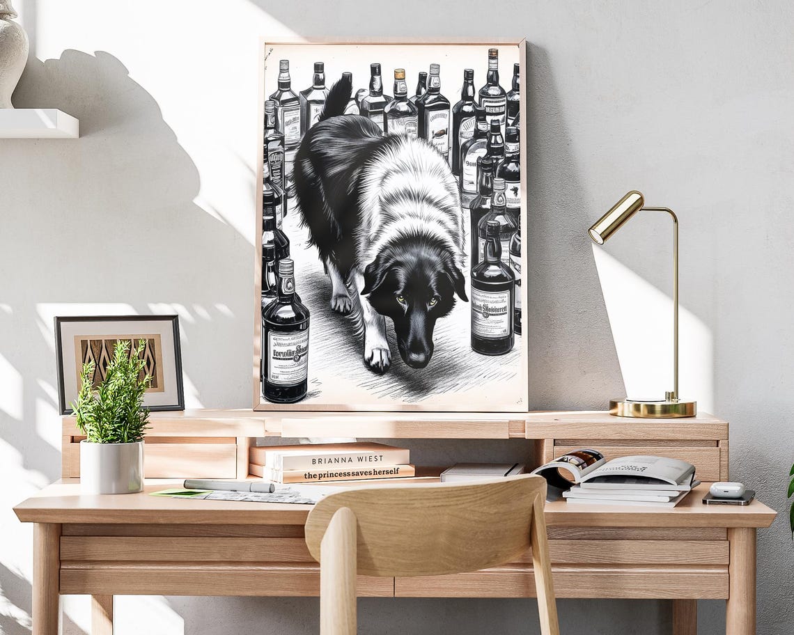 Border Collie Walking Through Whiskey Bottles Bar Sketch Poster - Image 4