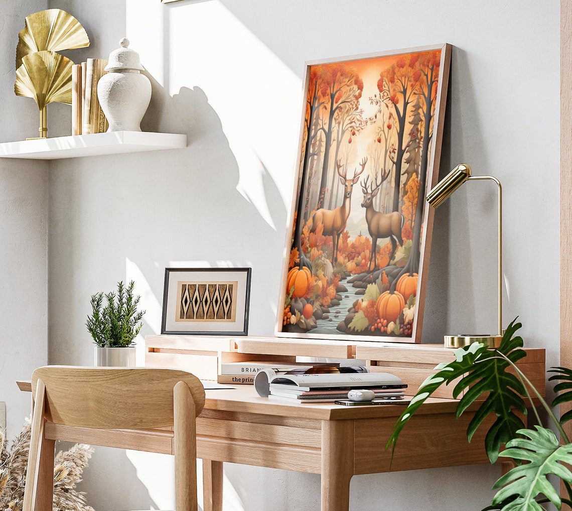 Two Deer Autumn Forest Stream Pumpkins Fall Foliage Art Poster - Image 3
