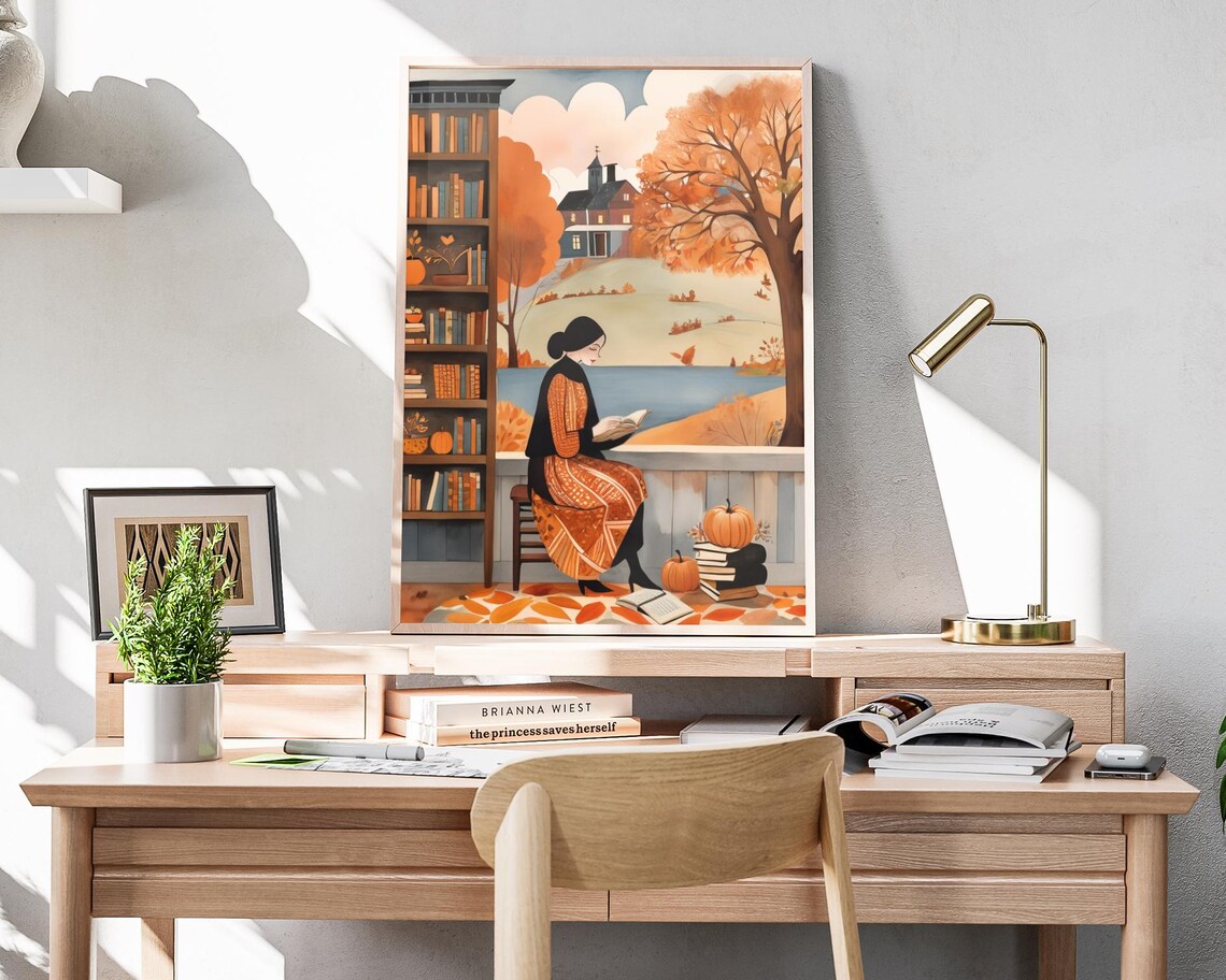 Woman Reading By Autumn Bookshelf Cozy Fall Bookworm Art Poster - Image 4