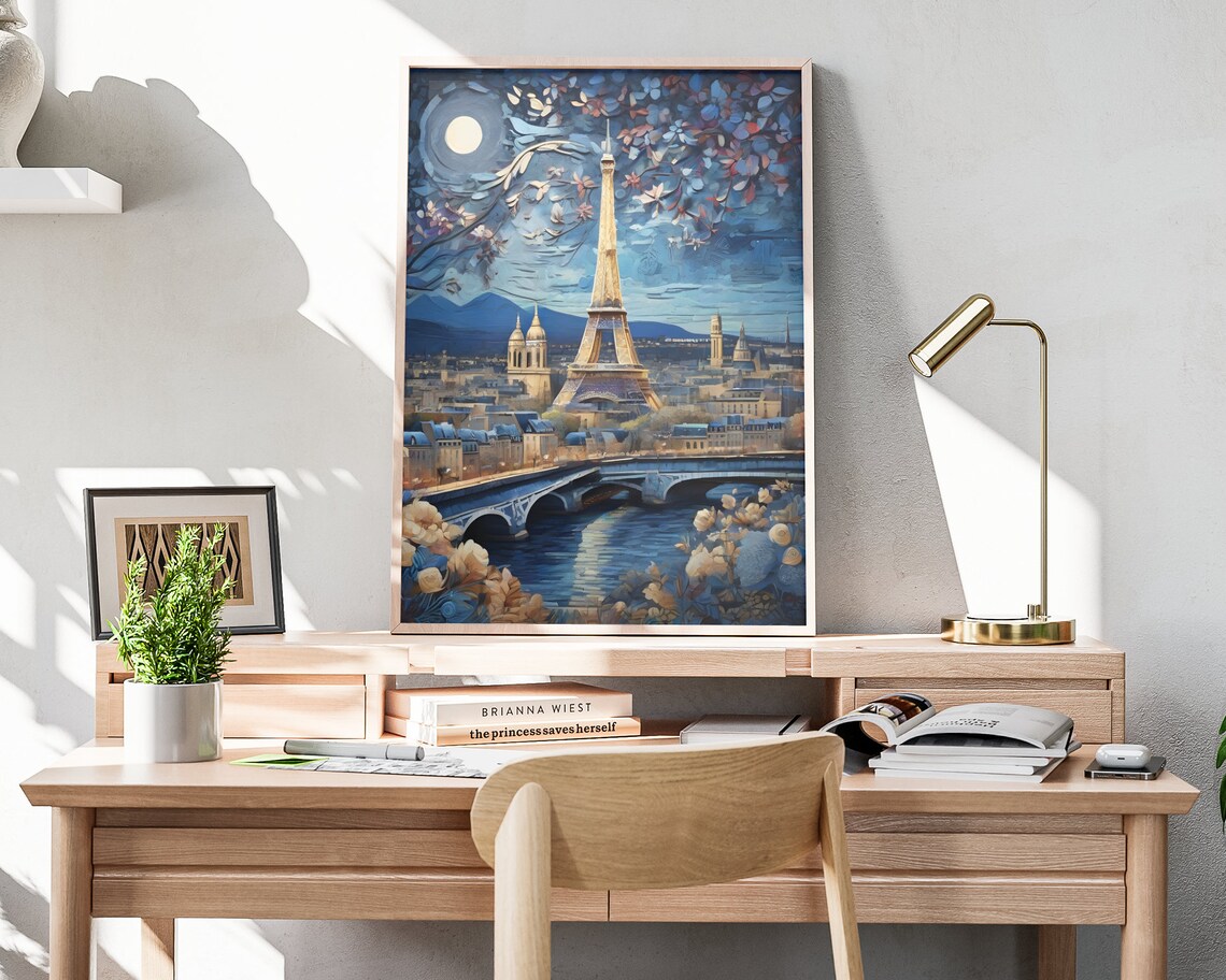 Paris Eiffel Tower Moonlit Night Blue Sky Blossoms Seine Bridge Art Poster - Image 3