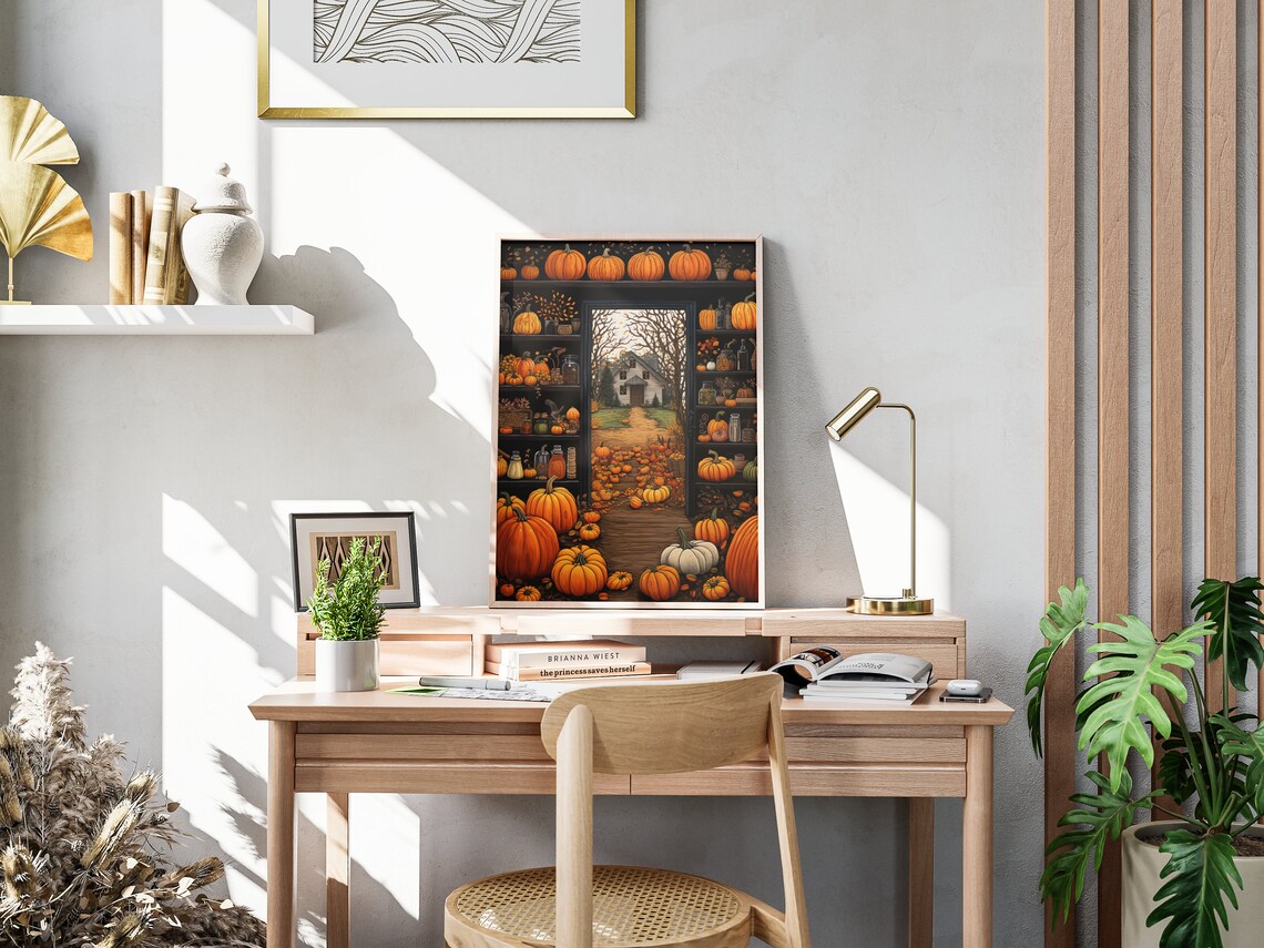 Vintage Thanksgiving Pumpkins Folk Art Print Autumn Harvest Farmhouse Scene Poster - Image 4