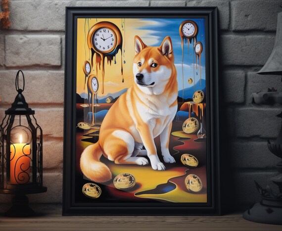 Dogecoin Surrealist Art Print Crypto Meme Painting Artwork Memecoin Poster Decor Cryptocurrency Wall Art Featuring Melting Clocks