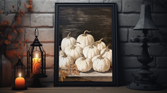 Vintage White Pumpkin Still Life Harvest Dark Rustic Art Poster