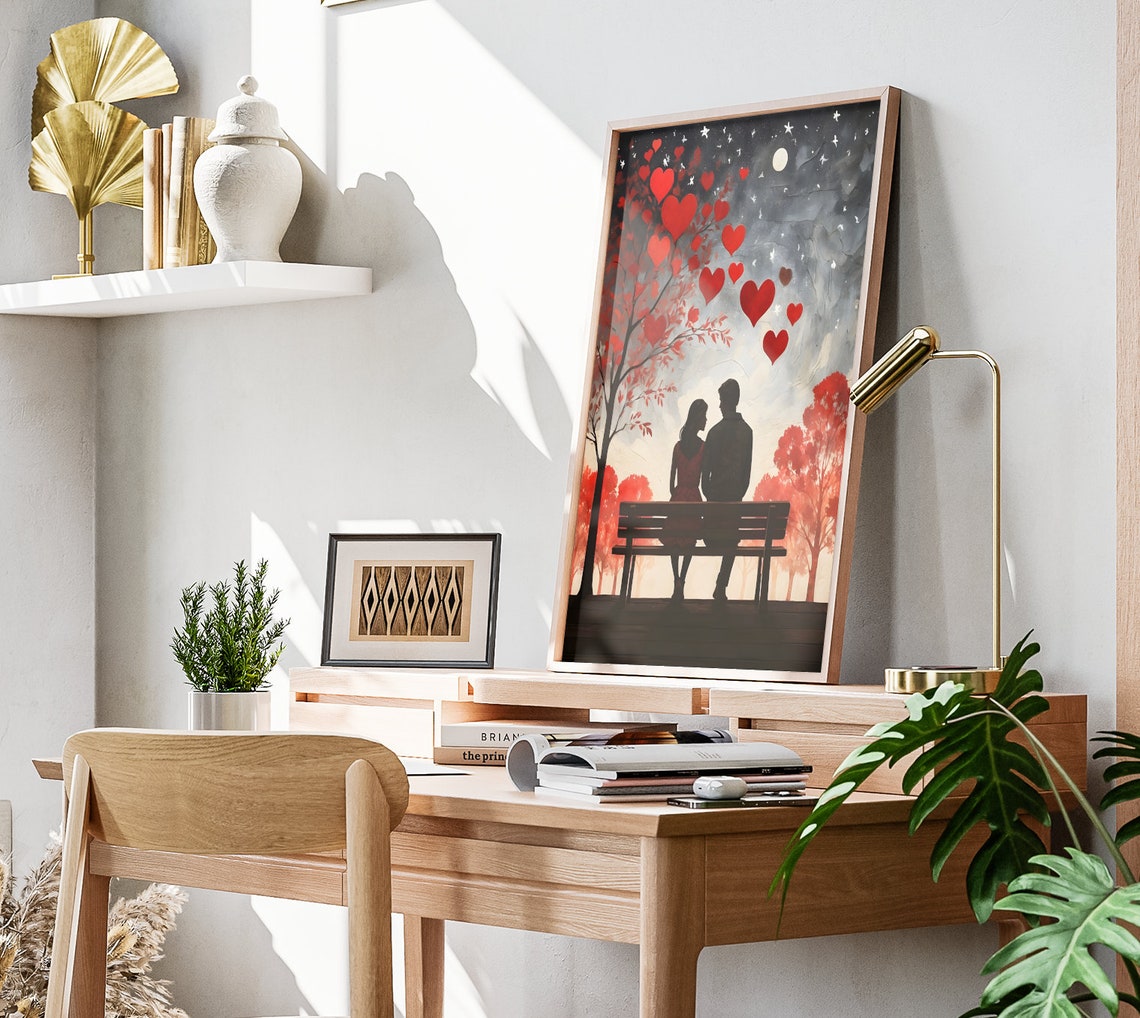 Valentines Couple Park Bench Heart Tree Starry Night Romantic Poster - Image 3