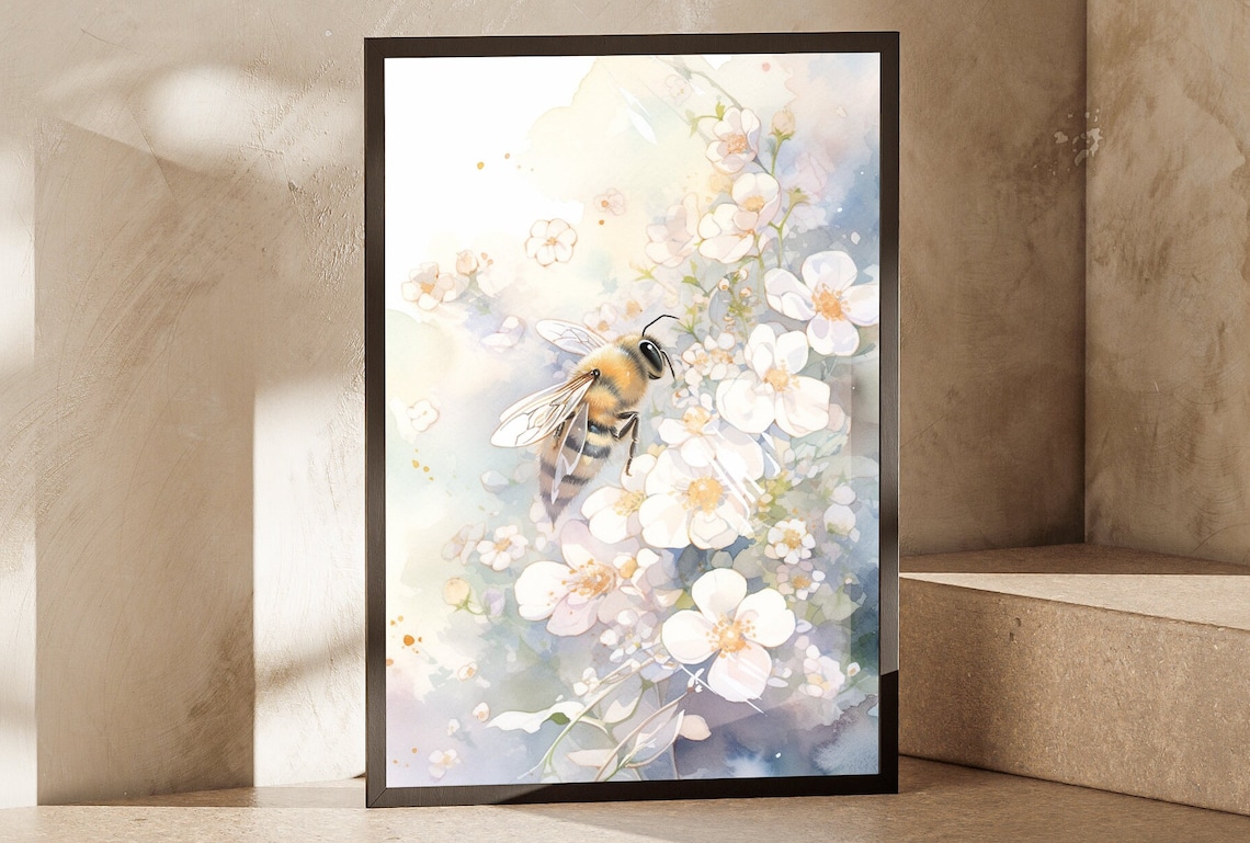 Honeybee White Blossoms Watercolor Soft Floral Spring Bloom Wall Poster