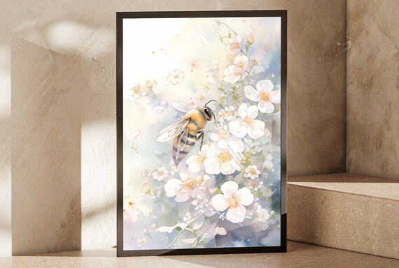 Honeybee White Blossoms Watercolor Soft Floral Spring Bloom Wall Poster