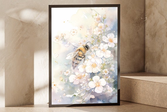 Watercolor Painting Poster Claude Monet Style With Honey Bees And Flowers Beautiful Floral Design Ideal Gift For Nature Lovers