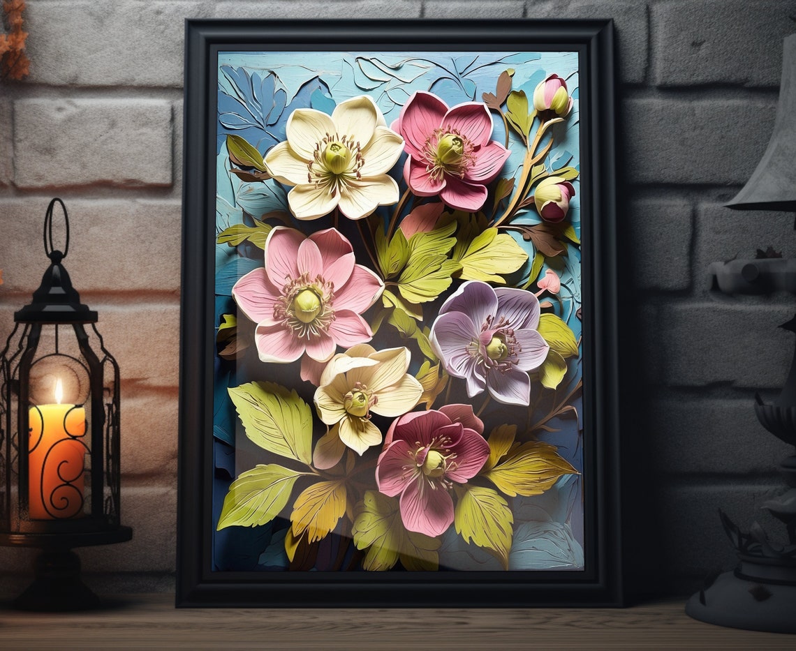 Hellebore Blooms Sculpted 3D Spring Flowers Pastel Art Poster