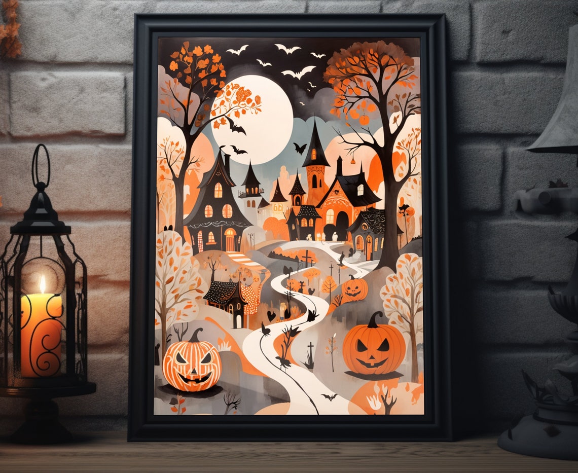 Spooky Halloween Town Crooked Houses Jack O Lanterns Moon Poster
