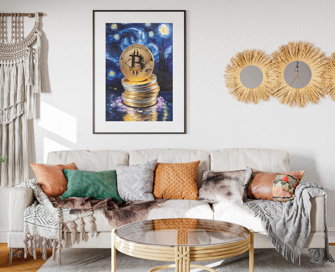 Bitcoin Gold Coins Stack Starry Night Swirl Crypto Wall Art Impressionist Poster - Image 2