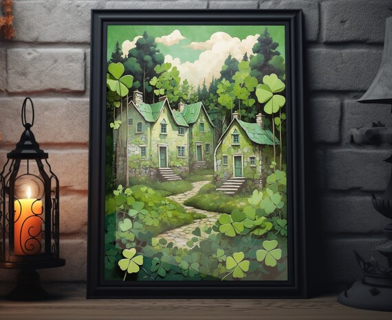Irish Four Leaf Clover Folk Art Green Stone Cottages Shamrock Valley Poster