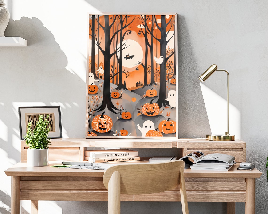 Halloween Ghost Forest Tall Trees Pumpkins Moonlit Night Poster - Image 4