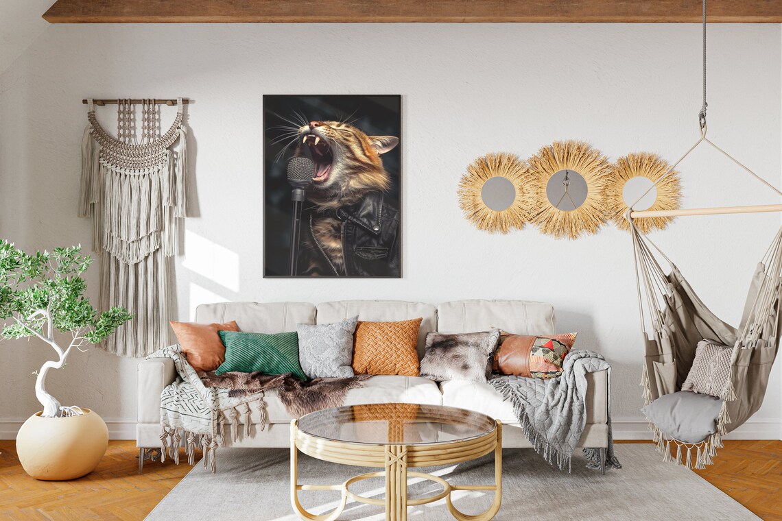 Tabby Cat In Leather Jacket Singing Into Microphone Humor Wall Art Poster - Image 2