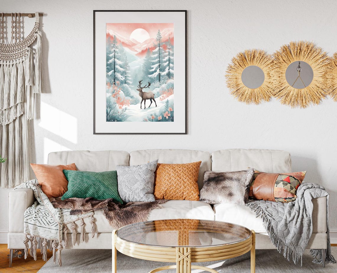 Deer In Snowy Forest Valley Under Pink Moon Winter Art Poster - Image 2