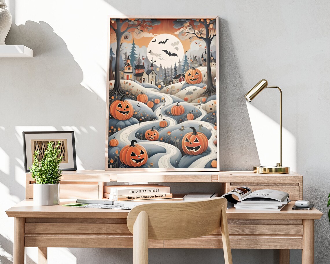 Halloween Village On Hills With Jack O Lanterns And Bats Wall Art Poster - Image 4