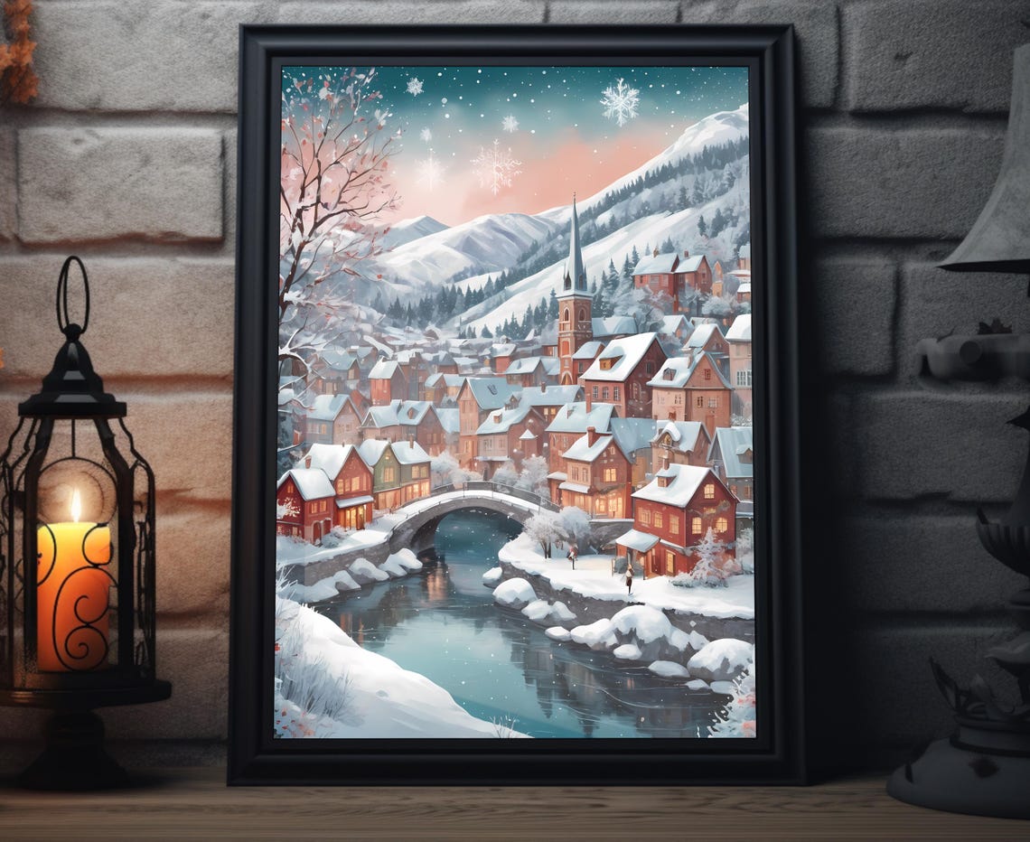Winter Village Folk Art Print Snowy Church Town Painting Artwork Holiday Poster Wall Decor Christmas Winter Scene Art Print