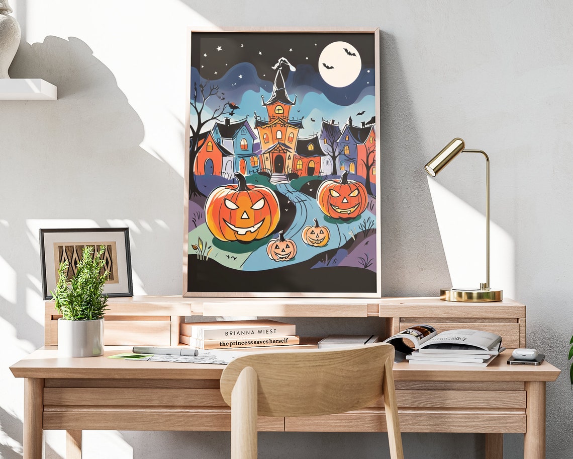 Haunted House And Pumpkins Halloween Moonlight Night Art Poster - Image 4