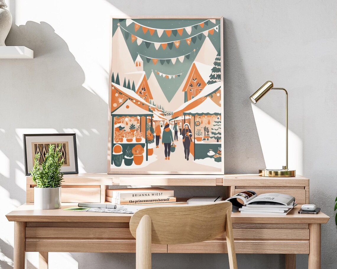 Boho Christmas Market Snowy Village Stalls Festive Holiday Poster - Image 4