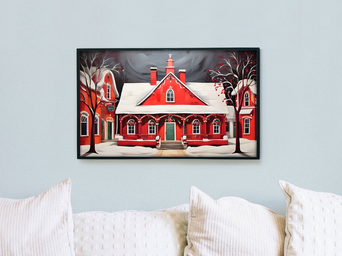 Folk Art Red Christmas House Snowy Night Wreaths Holiday Poster - Image 2