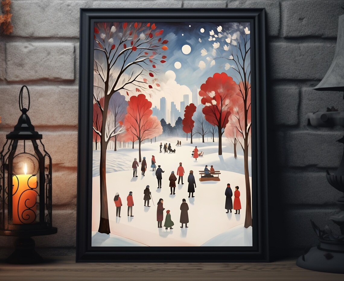 Winter City Park Snow Gathering Red Trees Skyline Festive Art Poster