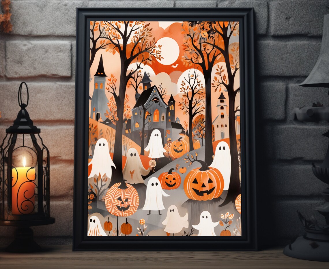 Halloween Ghosts Pumpkin Forest Haunted House Orange Moon Poster