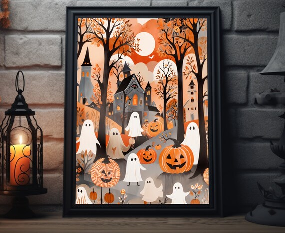 Halloween Ghosts Pumpkin Forest Haunted House Orange Moon Poster