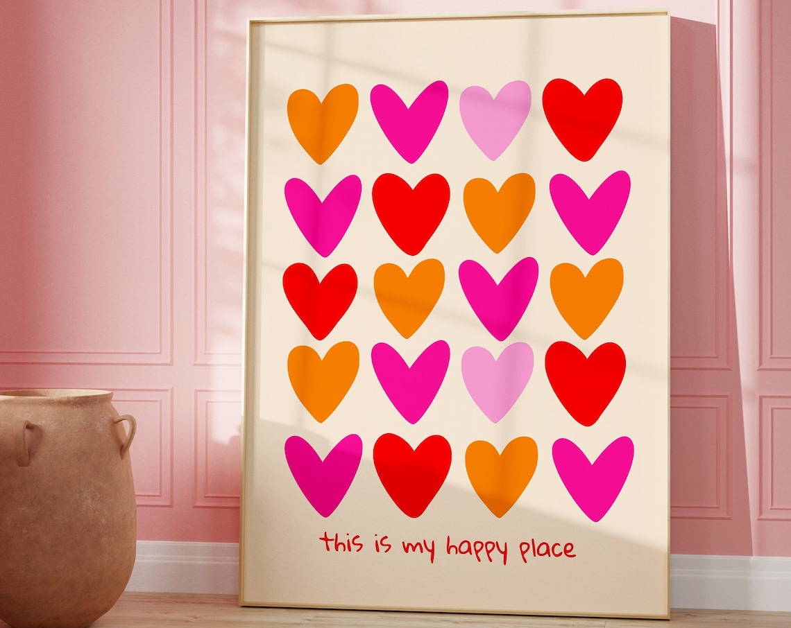 Colorful Hearts Abstract Print, Pink Orange Preppy