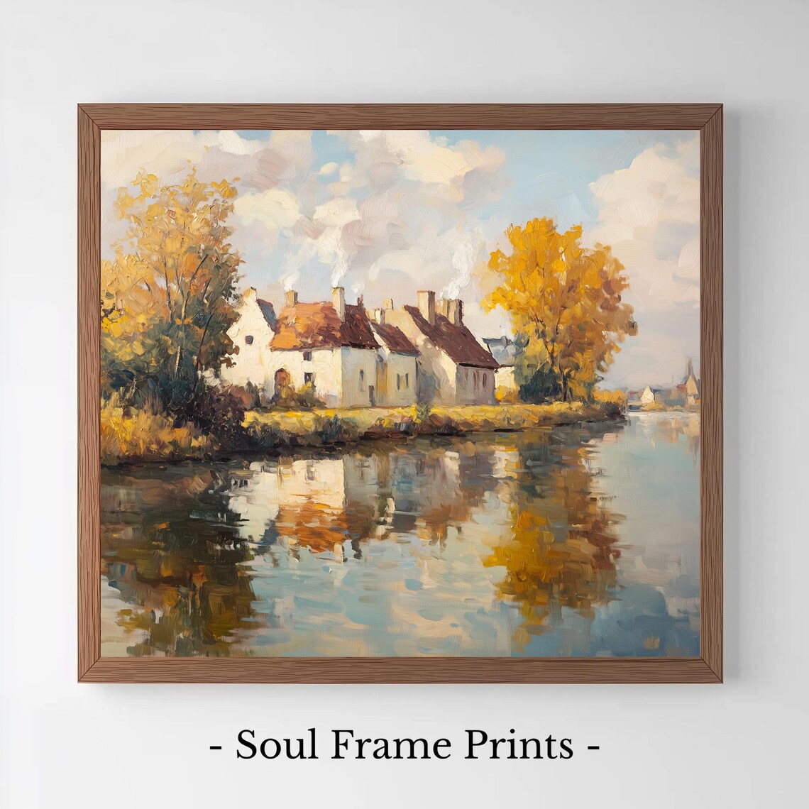 Riverside Village Cottages Autumn Impressionist Oil Painting Reflection Art Poster