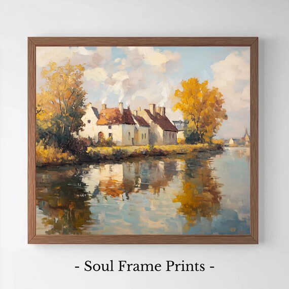 Riverside Village Cottages Autumn Impressionist Oil Painting Reflection Art Poster