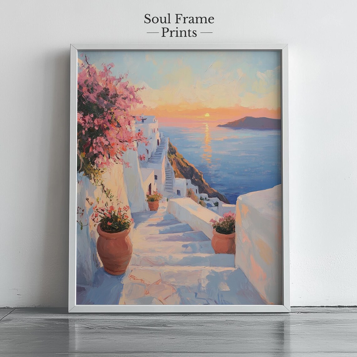 Santorini Sunset Stairway Over The Aegean Sea Painting Poster