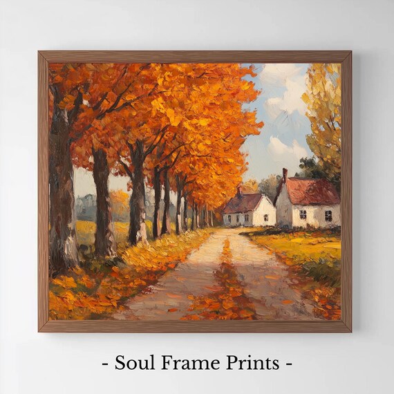 Autumn Country Lane With Cottages Vintage Fall Landscape Poster
