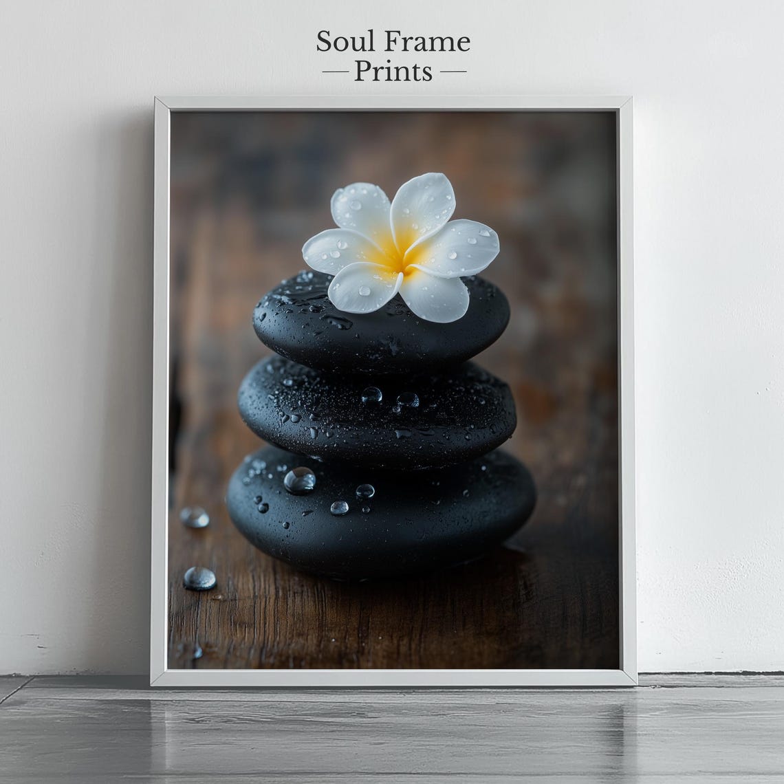 Zen Black Spa Stones with White Plumeria Flower Relaxing Poster