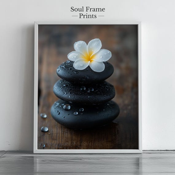 Zen Spa Wall Art Minimalist Plumeria Flower And Stones Print Relaxing Bathroom Decor Tranquil Wellness Studio 473