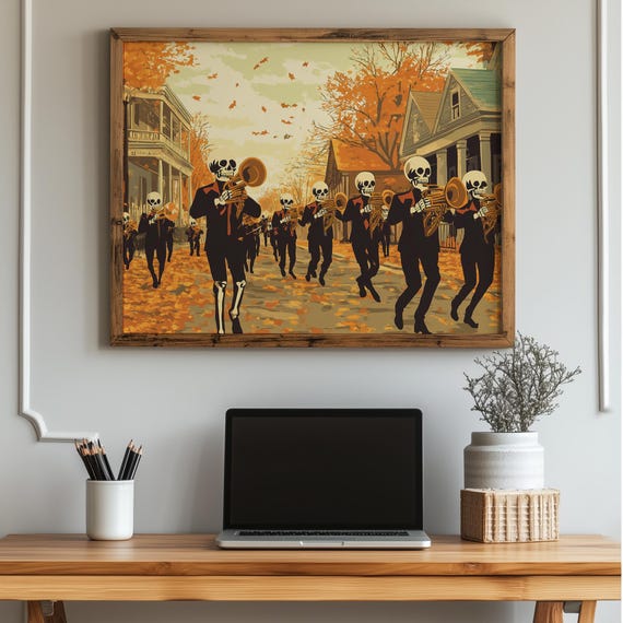 Vintage Halloween Skeleton Band Parade Print Retro 1970s Autumn Decor Spooky Fall Art Festive Wall 55