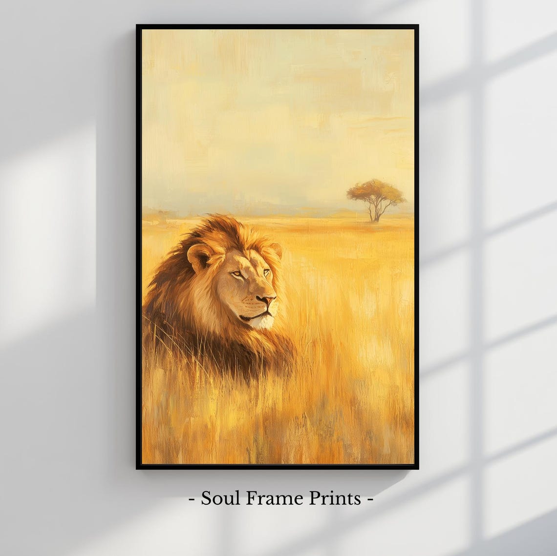 Powerful Lion Gazing Over a Golden African Savanna Sunset Poster