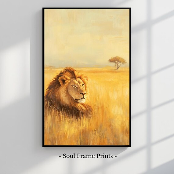 Majestic Lion In Golden Savannah Vintage Oil Painting Wildlife Art Rustic Animal Decor Sahara Landscape Wall Print 512