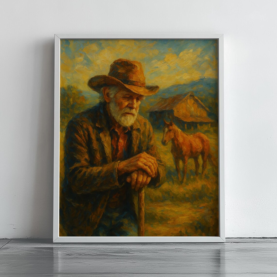 Rustic Cowboy With Horse Old West Oil Painting Western Wall Art
