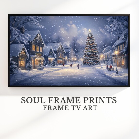 Christmas Village Square in the Snow Vintage Holiday Night Poster